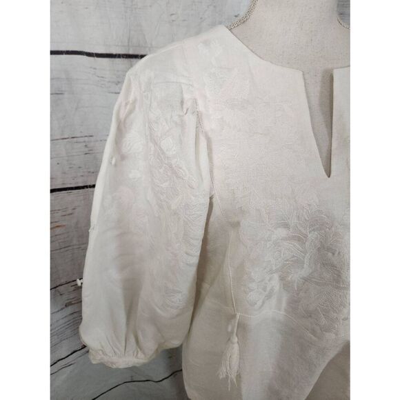 CAARA Embroidered Puff Sleeve Linen Top Size Small - Picture 5 of 8